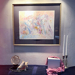 The framed painting, "Gaia, Upon Finding the Light", by Melani Grube.