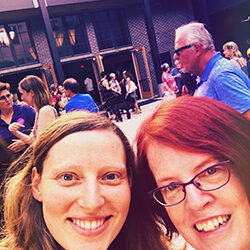 Artists Eileen Noyer and Melani Grube at the Sac Open Studios Tour Guide-Release Party 2019, Sacramento, California. Also visible in the background are Ariana Young of the Verge Center for the Arts and Cheryl Gleason artist and director of the Mills Station Arts & Culture Center.