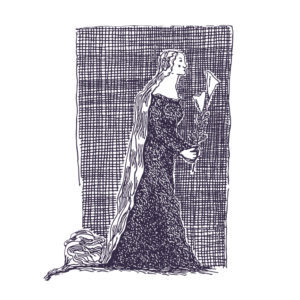 Rapunzel, digital capture of sketch of David Hockney's etching from the Six Fairy Tales from the Brothers Grimm. Woman with incredibly long hair, flowing down her back and piled on the floor behind her. She wears a long gown and carries two white, long-stemmed lily flowers.