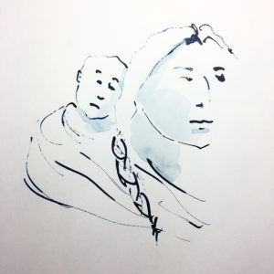 Pen and ink portrait of Native American heroine Sacagawea with her infant son on her back. Blue ink and blue wash featured.