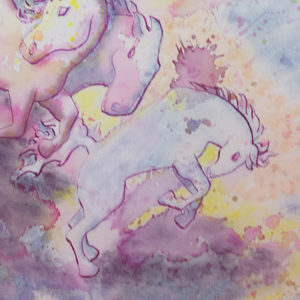 A sneak peek of the new horse painting, featuring a bucking horse. Violets and yellow featured.