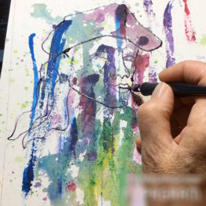 Work in Progress picture from video of Melani Grube applying ink to her version of Pablo Picasso's "Woman in a Red Beret". You can see the artist's hand using a nib pen and a partially completed woman's face and beret, as well as a base of random paint smears and spatter in blues, violets, and lime greens.