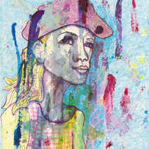 The painting, "Woman in a Red Raspberry Beret" by Melani Grube. This painting, inspired by Pablo Picasso's The Woman in a Red Beret. Features violets, blues and lime greens. A blonde woman in a raspberry red beret and checked blouse gazes into the distance.